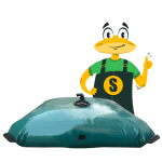 Εικονογράφηση Maciterne Serena Group – εύκαμπτη δεξαμενή με ορειχάλκινη βαλβίδα, μασκότ εξηγεί εγκατάσταση δεξαμενής