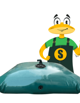 Εικονογράφηση Maciterne Serena Group – εύκαμπτη δεξαμενή με ορειχάλκινη βαλβίδα, μασκότ εξηγεί εγκατάσταση δεξαμενής