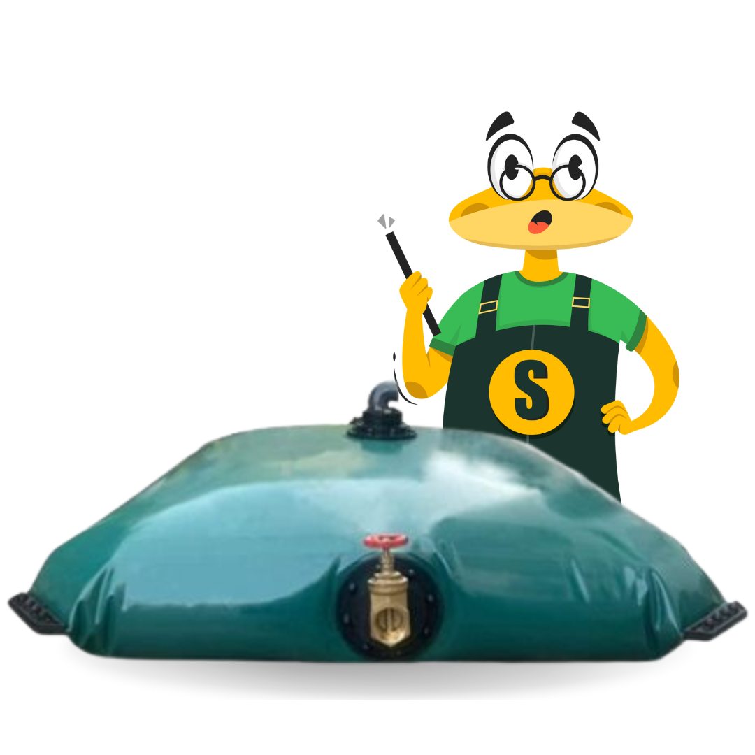 Εικονογράφηση Maciterne Serena Group – εύκαμπτη δεξαμενή με ορειχάλκινη βαλβίδα, μασκότ εξηγεί εγκατάσταση δεξαμενής